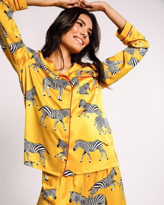 Satin Mustard Zebra Print Long Pyjama Set