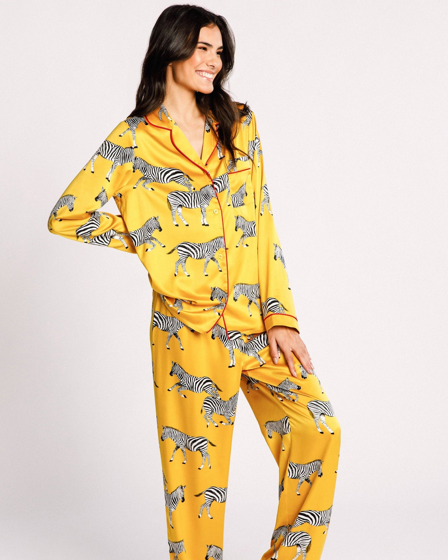 Satin Mustard Zebra Print Long Pyjama Set